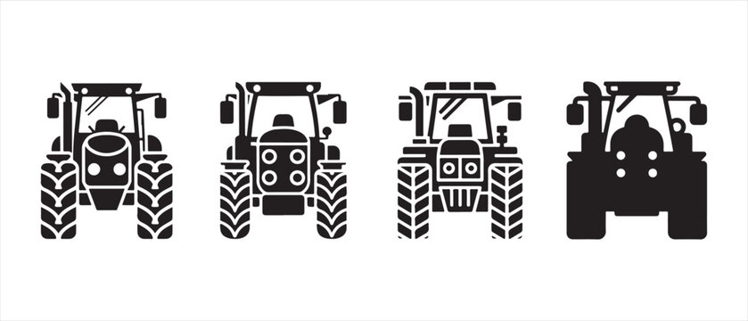 Set of black tractor icons representing agricultural machinery in a flat minimalist graphic style.