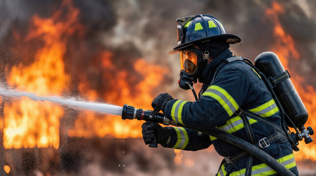 Firefighter in protective gear using a hose to extinguish flames during a fire emergency, with intense flames and smoke visible in the background