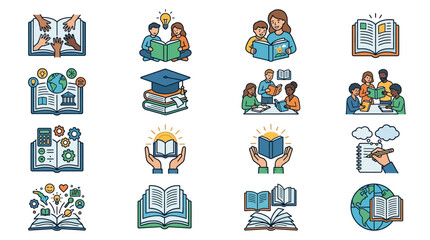 Fototapeta premium Education icons with people learning.