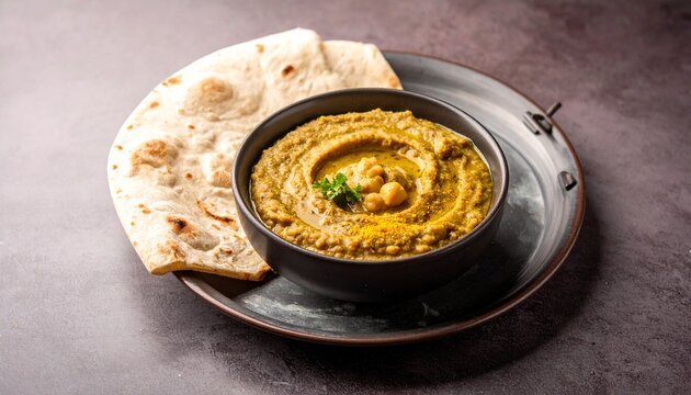 Creamy green chickpea dip served with flatbread. Delicious Lebanese Herbed Hummus beautifully blended with fresh herbs, olive oil, and whole chickpeas in a rustic bowl for a healthy vegan snack.