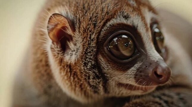 Close-up Portrait of a Rare Small Slow Loris with Big Expressive Eyes Resting in its Natural Wild Tropical Habitat