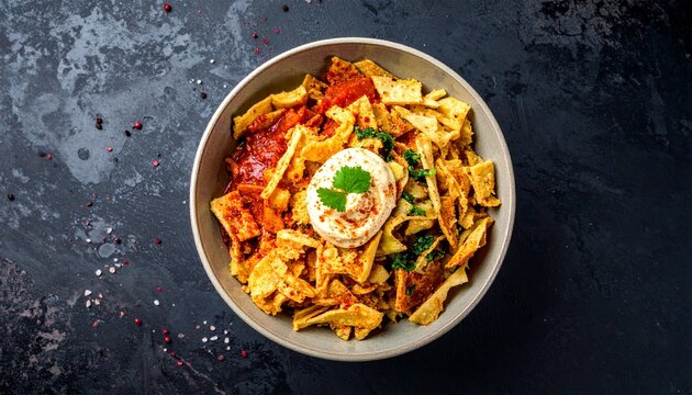 Layered chickpea and yogurt dish with crispy pita bread. Traditional Lebanese Fatteh expertly crafted with toasted bread chips, creamy smooth yogurt, savory chickpeas, and fresh herbs for appetizers.