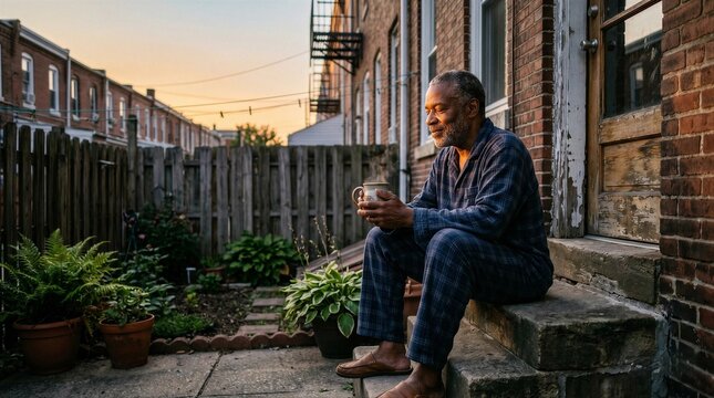 Middle-Aged Black Man in Pajamas Enjoying Morning Coffee on Urban Rowhouse Stoop