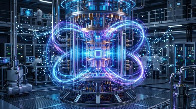 Glowing neon quantum computer core in futuristic laboratory setting