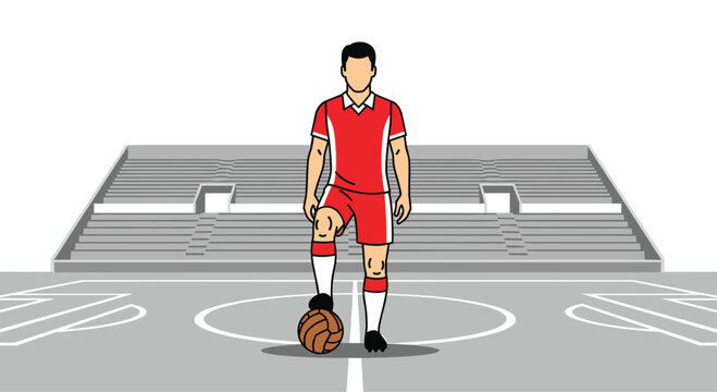 Soccer player in red jersey stands on a ball in the center circle of a gray field with empty stadium seating in the background for a match.