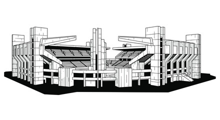 Fototapeta premium Modern concrete stadium structure features tiered seating and angular pillars, isolated against a white background to highlight the architectural design of sports arenas.