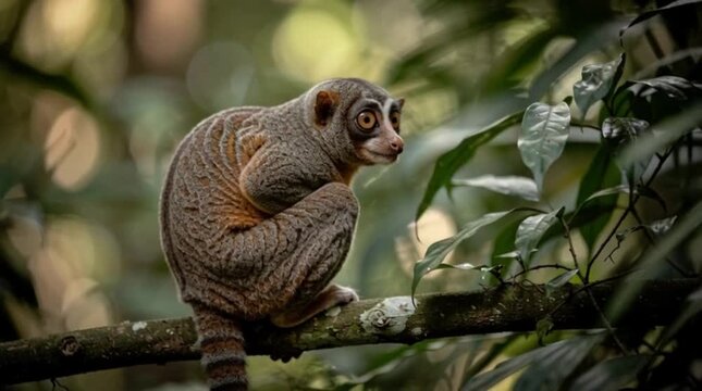 Small Grey Sportive Lemur Perched on a Tree Branch in a Lush Tropical Rainforest Forest