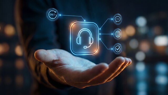Hand holding glowing holographic headset icon connected to chat, globe, checkmark and 24/7 service icons on virtual interface. Concept of customer support, helpdesk, global service, and online assista