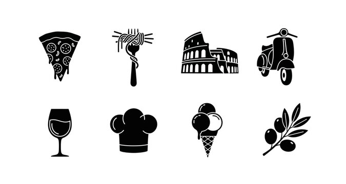Italian culture icons set silhouette on transparent background