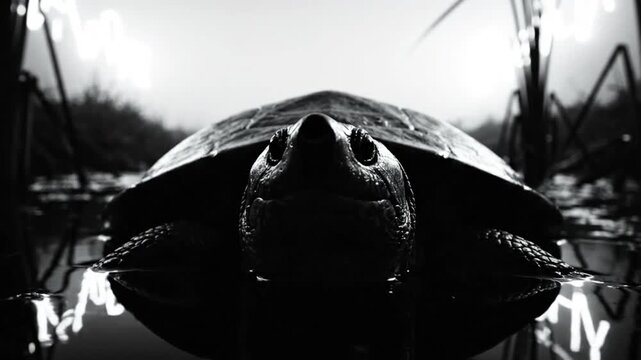 Black and white close up of a turtle swimming in water, capturing the animal's stare against a foggy, natural environment.