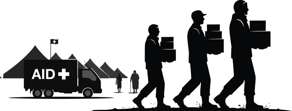 Humanitarian aid silhouette illustration delivery boxes truck with silhouette humanitarian packages delivery community. Vector illustration