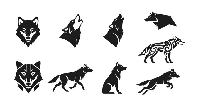 Wolf silhouettes collection on transparent background high quality