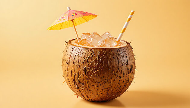 Coconut drink in fresh coconut shell with straw on beach style background