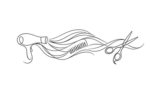 Minimal line art illustration of hairdressing tools with flowing hair strands, featuring a hairdryer, comb, and scissors in a sleek design