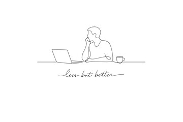 Fototapeta premium Minimalist continuous line drawing of a man working on a laptop with coffee cup, thoughtful pose, and handwritten quote emphasizing simplicity