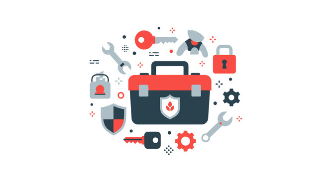 Cybersecurity Toolbox Concept with Security Icons, Shields, Keys, and Tools for Data Protection and IT Maintenance Services