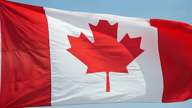 A bright red and white flag with a central leaf symbol waving in the wind