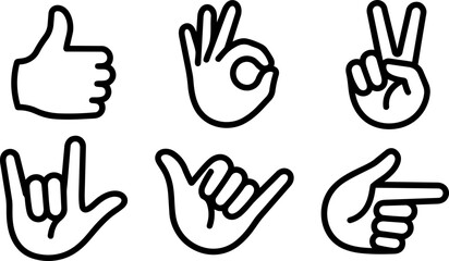 Fototapeta premium Collection of simple black line vector hand gesture icons showing various universal communication signals and signs