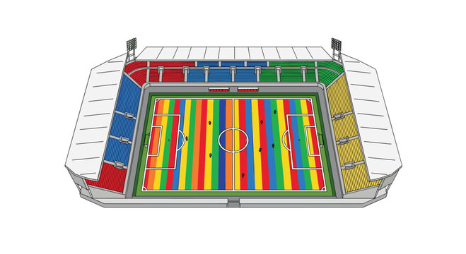 Isometric stadium view featuring a rainbow-colored pitch with tiny player figures and corner floodlights on a clean white background.