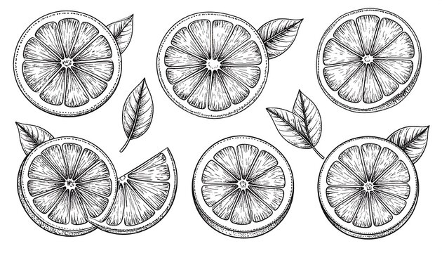 Hand Drawn Citrus Slices Arranged with Leaves on White Background