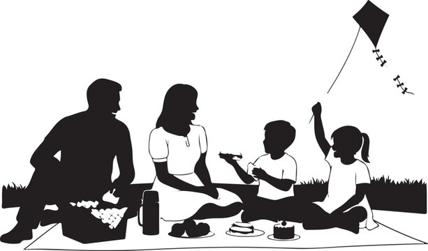 Family picnic silhouette, black illustration, outdoor leisure, kite flying