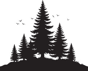 Obraz premium Pine tree forest silhouette, black trees on white background, nature landscape vector