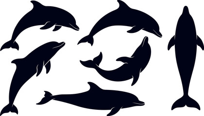 Fototapeta premium Dolphin silhouettes set black sea animal vector icons of swimming dolphins