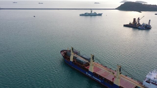 Aerial view of war ship at Chuk samet port, Sattahip.