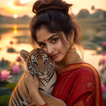 Portrait d'une belle femme en tenue traditionnelle indienne c&acirc;linant un tigreau dans un paysage de lotus au cr&eacute;puscule