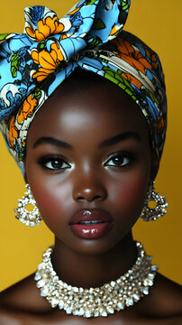 African woman with colorful headwrap jewelry.