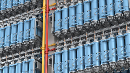 Gas centrifuge cascade for uranium enrichment in a nuclear fuel processing plant, 3D render. Industrial atomic energy facility infrastructure with blue cylinders and piping system © Filipp