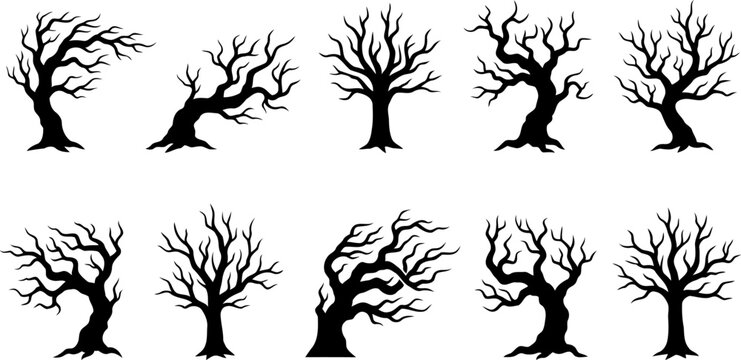 Set of ten black silhouettes of bare leafless trees