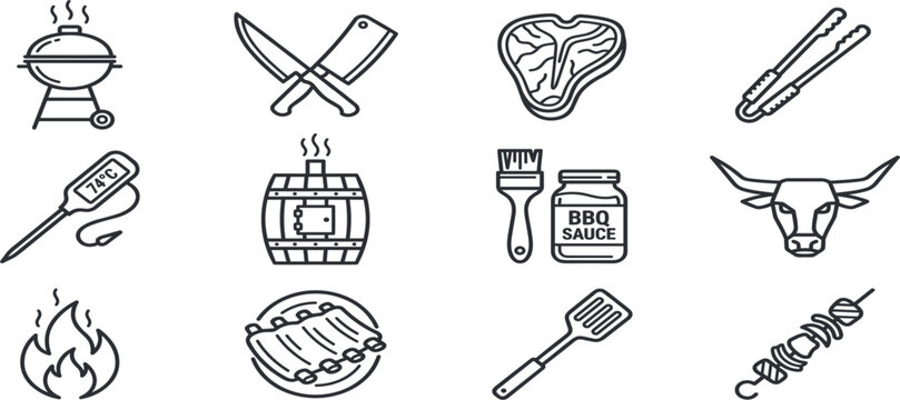 Barbecue and Grilling Equipment Icon Set Featuring BBQ Tools Steak Thermometer Sauce Fire and Outdoor Cooking Symbols