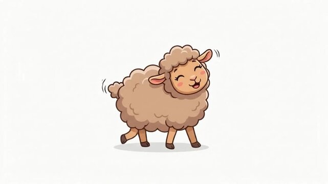 Cute 2D cartoon sheep walking, happy lamb character loop animation on solid white background