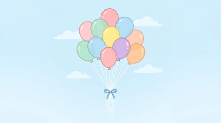 Naklejka premium Colorful Pastel Balloons Floating in Soft Blue Sky with White Clouds