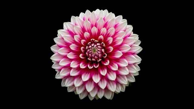 A vibrant pink and white dahlia flower isolated against a solid black background