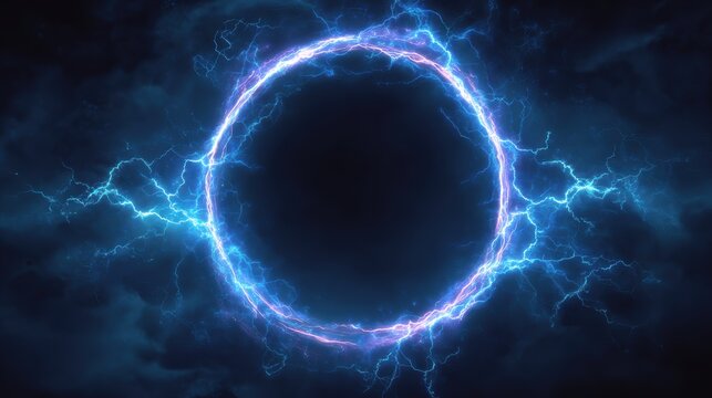 Stunning photo of electric blue lightning frame with plasma portal on dark background. Round glowing sphere with neon strikes. Energy circle border with flash spark effects.