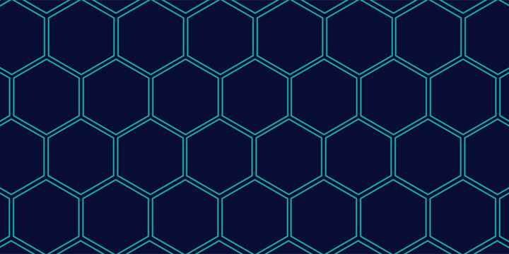 Dark hexagon abstract technology background with blue colored bright flashes under hexagon. Hexagonal gaming vector tech wide illustration.