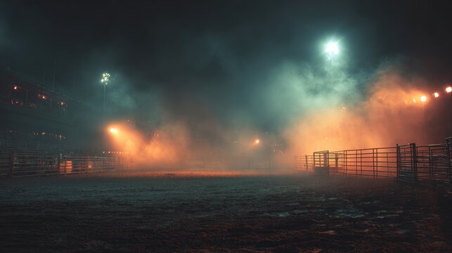 Desolate rodeo arena illuminated by bright lights and lingering smoke. Concept Rodeo Arena, Bright Lights, Smoke, Desolate Setting.