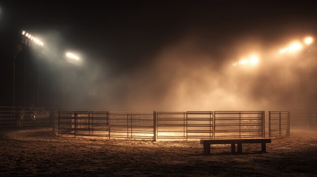 Desolate rodeo arena illuminated by bright lights and lingering smoke. Concept Rodeo Arena, Bright Lights, Smoke, Desolate Setting.