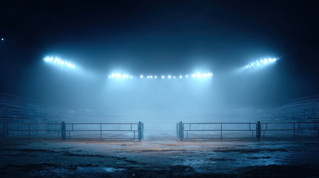 Desolate rodeo arena illuminated by bright lights and lingering smoke. Concept Rodeo Arena, Bright Lights, Smoke, Desolate Setting.