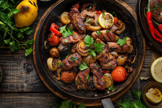 Top-down food photography of traditional Azerbaijani halal saj ichi, featuring sizzling grilled lamb pieces, roasted tomatoes, onions, and bell peppers served in a rustic cast-iron pan garnished with 