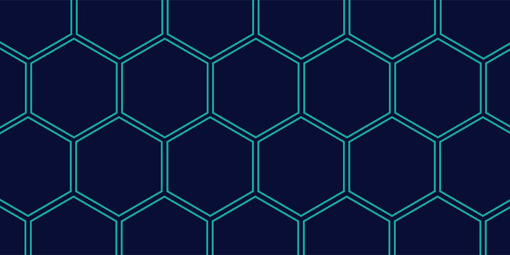 Dark hexagon abstract technology background with blue colored bright flashes under hexagon. Hexagonal gaming vector tech wide illustration.