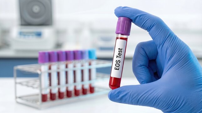 Hand holding a blood sample tube labeled EOS Test in a laboratory setting with additional test tubes visible in the background on a metal rack