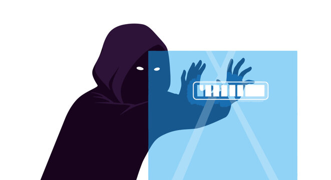 Hacker in Hoodie Stealing Data from Digital Interface, Cyber Security Breach Concept with Loading Bar