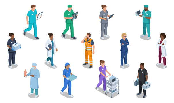 Surgeons and operating room staff working in hospital | Healthcare professional team set | Isometric vector illustration