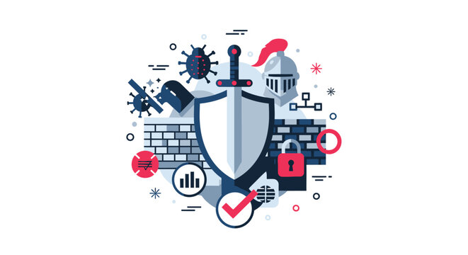 Cybersecurity and Digital Data Protection Concept with Shield, Sword, and Knight Icons for Network Safety and Information Security Defense