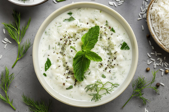 Top-down food photography of a traditional Azerbaijani halal dovga, a refreshing cold yogurt soup mixed with rice and fresh herbs, topped with mint leaves and dill on a gray background.