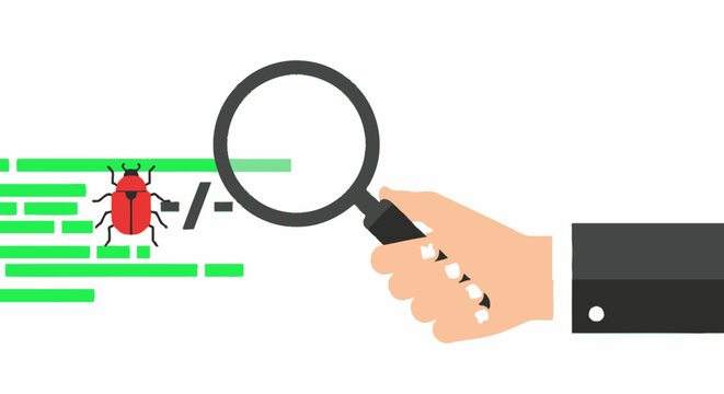 Software Bug Tracking and Debugging Concept Illustration with Magnifying Glass Over Computer Code
