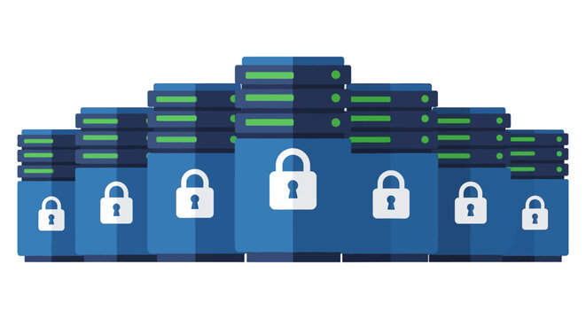 Cybersecurity and Data Protection Concept: Flat Vector Illustration of Secure Server Racks with Padlock Icons for Cloud Storage and Network Security